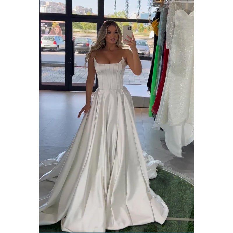 NumberSea-A-line Strapless White Satin Long Prom Evening Dress with Train NumberSea-A-line Strapless White Satin Long Prom Evening Dress with Train