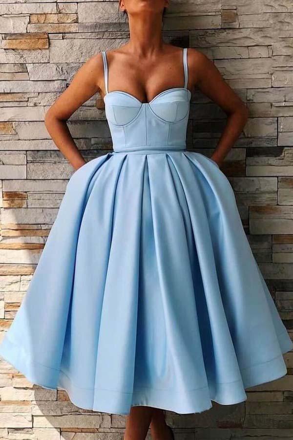 A-Line Straps Mid-Calf Black Satin Homecoming Dress with Pockets PD057 Custom Size / Sky Blue