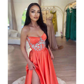 NumberSea - A Line Sweetheart Beads Satin Long Prom Formal Dress with Slit