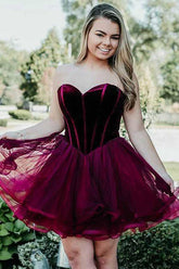 A-Line Sweetheart Short Burgundy Organza Homecoming Party Dress