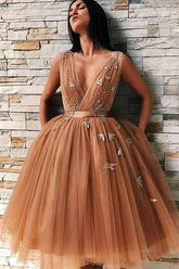 A-Line V-Neck Backless Gold Tulle Homecoming Dress with Appliques