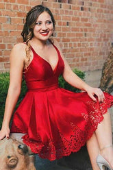 A-Line V-Neck Pleated Short Red Satin Homecoming Dress