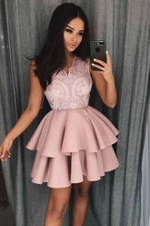 A-Line V-Neck Tiered Satin Homecoming Prom Dress with Appliques