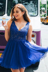 A Line V Neck Tulle Beaded Royal Blue Homecoming Dresses with Appliques
