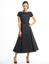 NumberSea - A - Line Vintage Dress Homecoming Tea Length Short Sleeve Boat Neck Taffeta with Buttons