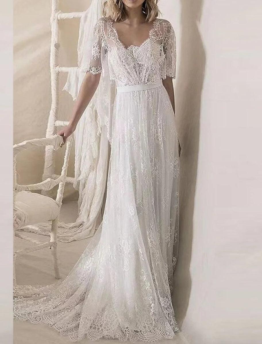NumberSea-A-Line Wedding Dresses Ankle Length Vintage Little White Dresses Long Sleeve V Neck Chiffon With Solid Color Bridal Gowns Ivory / US 2 / UK NumberSea-A-Line Wedding Dresses Ankle Length Vintage Little White Dresses Long Sleeve V Neck Chiffon With Solid Color Bridal Gowns Ivory / US 2 / UK