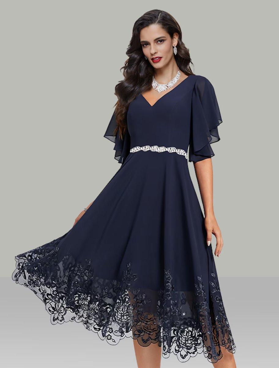 A-Line Wedding Guest Dresses Elegant Dress Cocktail Party Tea Length Short Sleeve V Neck Belt / Sash Chiffon with Rhinestone Glitter Embroidery, US