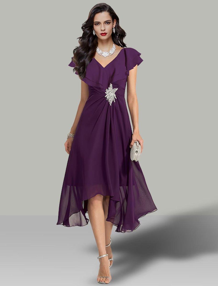 NumberSea-A-Line Wedding Guest Dresses Elegant Dress Cocktail Party Tea Length Short Sleeve V Neck Chiffon with Rhinestone