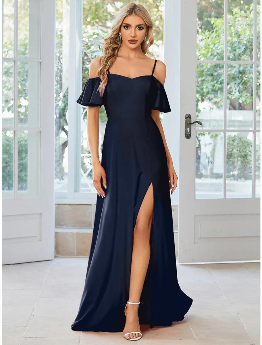 A-Line Wedding Guest Dresses Elegant Dress Formal Floor Length Short Sleeve Off Shoulder Stretch Fabric with Slit Pure Color US 6 / UK 10 / EU 36