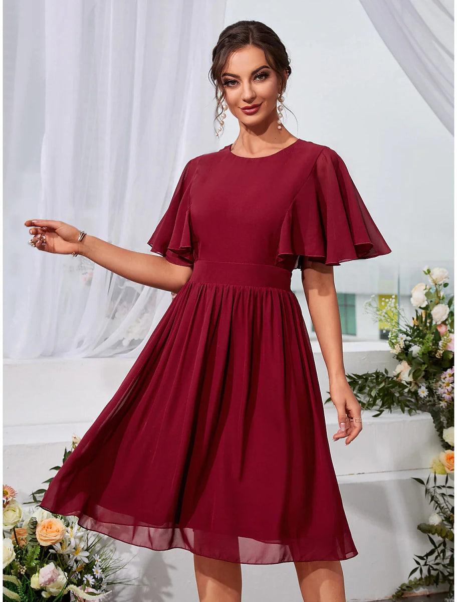 A-Line Wedding Guest Dresses Elegant Dress Holiday Graduation Knee Length Short Sleeve Jewel Neck Chiffon with Pleats Ruffles US 8 / UK 12 / EU 38 A-Line Wedding Guest Dresses Elegant Dress Holiday Graduation Knee Length Short Sleeve Jewel Neck Chiffon with Pleats Ruffles US 8 / UK 12 / EU 38