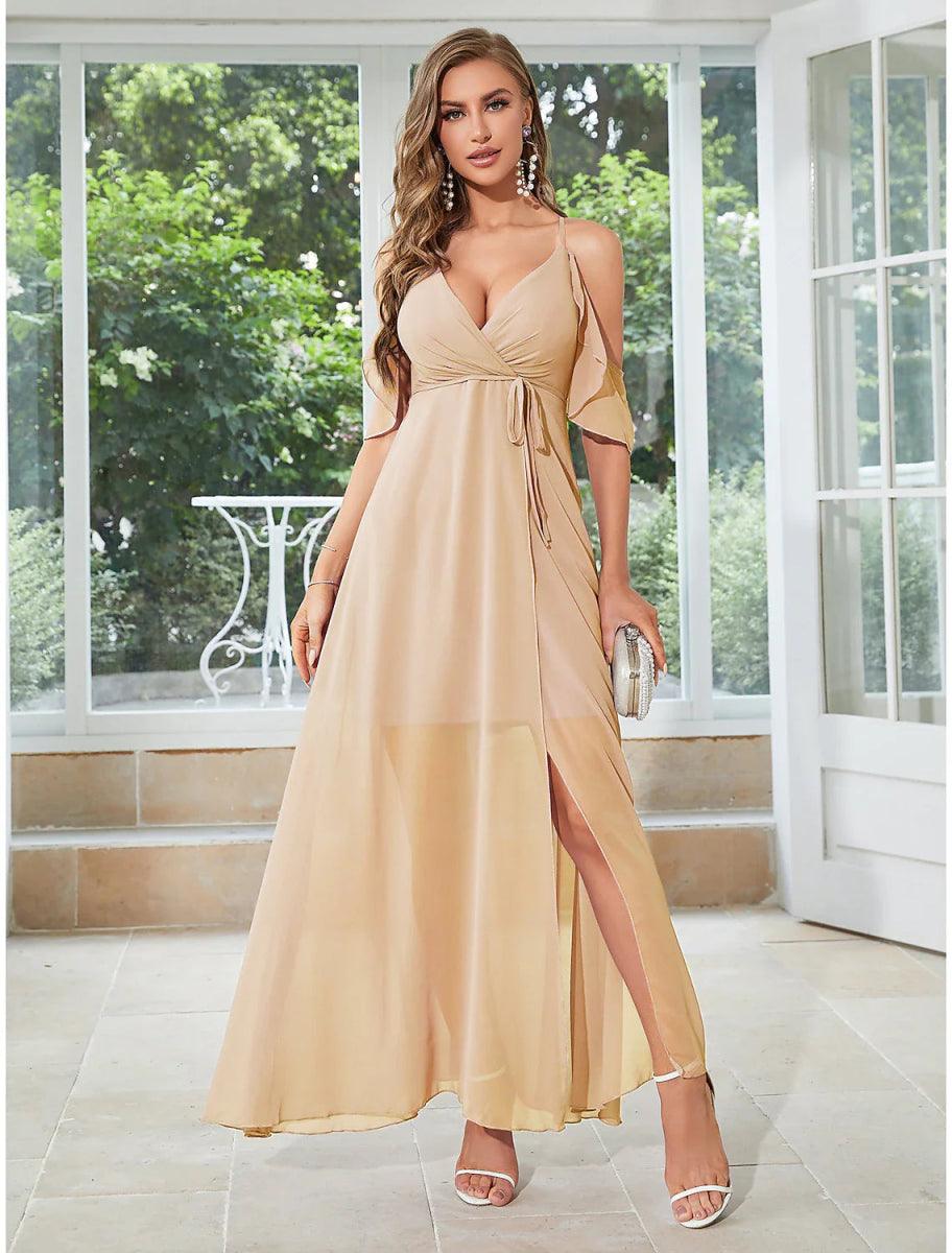 NumberSea-A-Line Wedding Guest Dresses Elegant Dress Party Wear Wedding Party Ankle Length Sleeveless V Neck Chiffon with Ruffles Slit Strappy US 6
