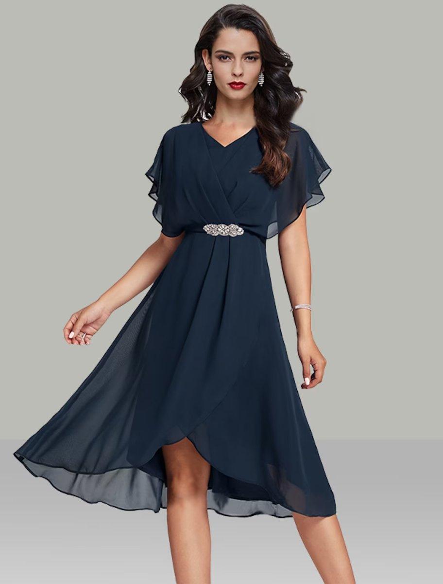 A-Line Wedding Guest Dresses Elegant Dress Semi Formal Tea Length Short Sleeve V Neck Belt / Sash Chiffon with Beading US 16Plus / UK 20 / EU 46 A-Line Wedding Guest Dresses Elegant Dress Semi Formal Tea Length Short Sleeve V Neck Belt / Sash Chiffon with Beading US 16Plus / UK 20 / EU 46