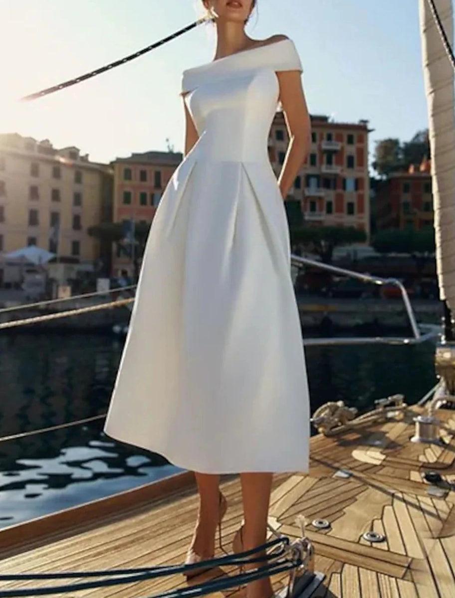 NumberSea-A-Line Wedding Guest Dresses Minimalist Dress Wedding Party Birthday Tea Length Short Sleeve Off Shoulder Satin with Pure Color