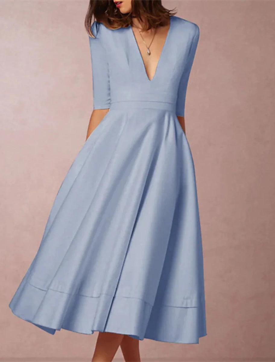 NumberSea-A-Line Wedding Guest Dresses Minimalist Dress Wedding Party Dress Kentucky Derby Tea Length Half Sleeve V Neck Fall Wedding Guest Stretch