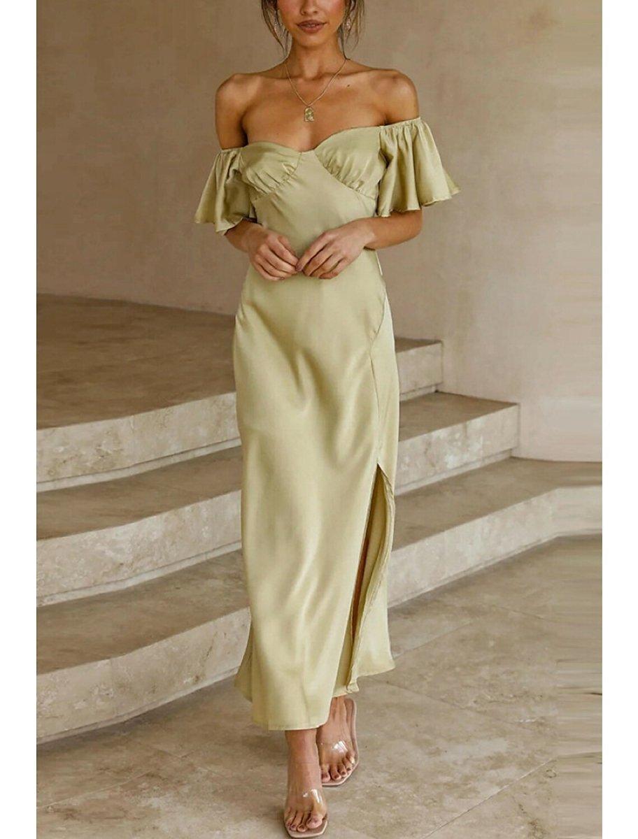NumberSea-A-Line Wedding Guest Dresses Party Dress Wedding Birthday Ankle Length Short Sleeve Off Shoulder Satin with Ruffles Slit
