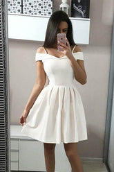 A-Line White Spaghetti Straps Satin Homecoming Dress Short Prom Dress