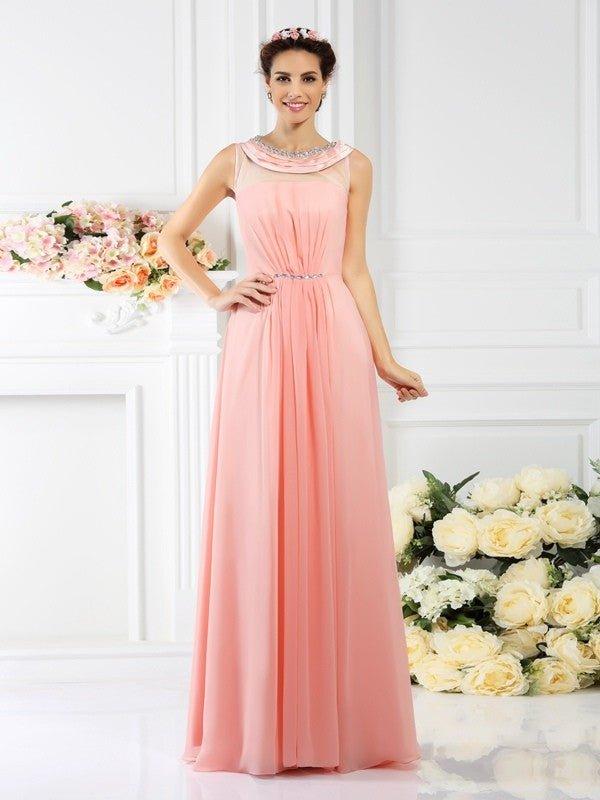 NumberSea-A-Line/Princess Bateau Beading Sleeveless Long Chiffon Bridesmaid  Dresses