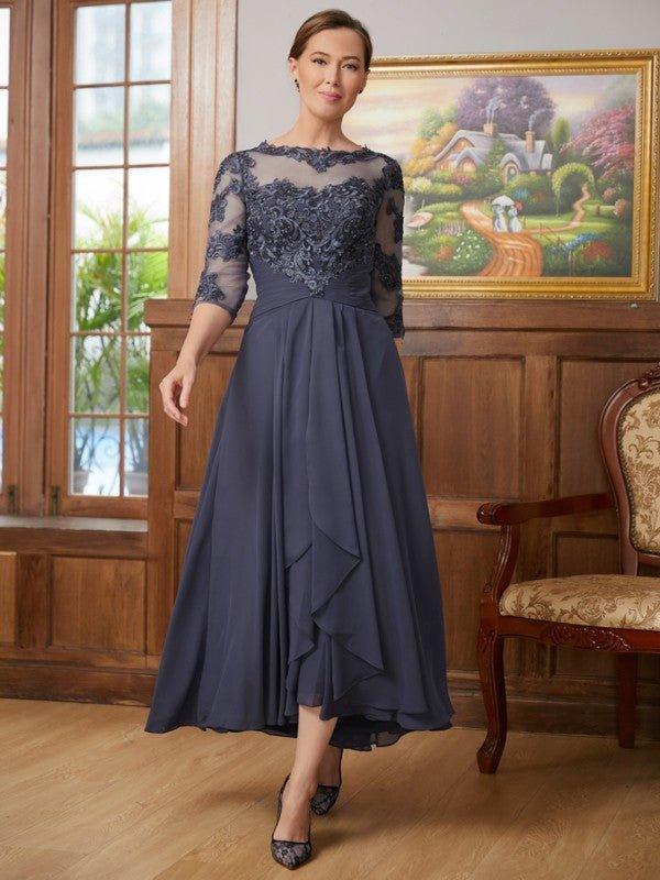NumberSea-A-Line/Princess Chiffon Applique Scoop 3/4 Sleeves Asymmetrical Mother of the Bride Dresses NumberSea-A-Line/Princess Chiffon Applique Scoop 3/4 Sleeves Asymmetrical Mother of the Bride Dresses