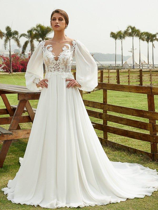 NumberSea-A-Line/Princess Chiffon Applique Scoop Long Sleeves Chapel Train Wedding Dresses