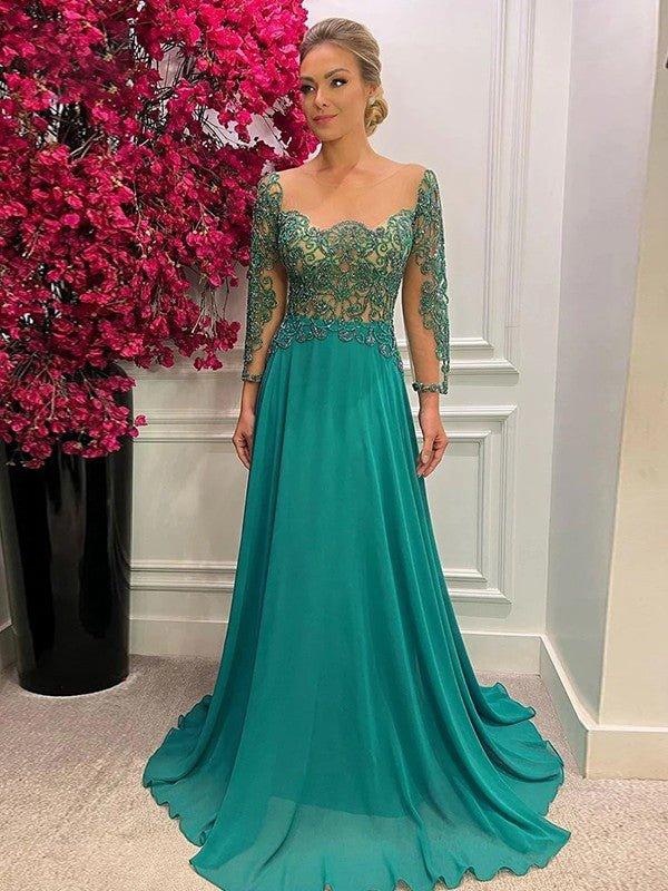 NumberSea-A-Line/Princess Chiffon Applique Scoop Long Sleeves Sweep/Brush  Train Mother of the Bride Dresses