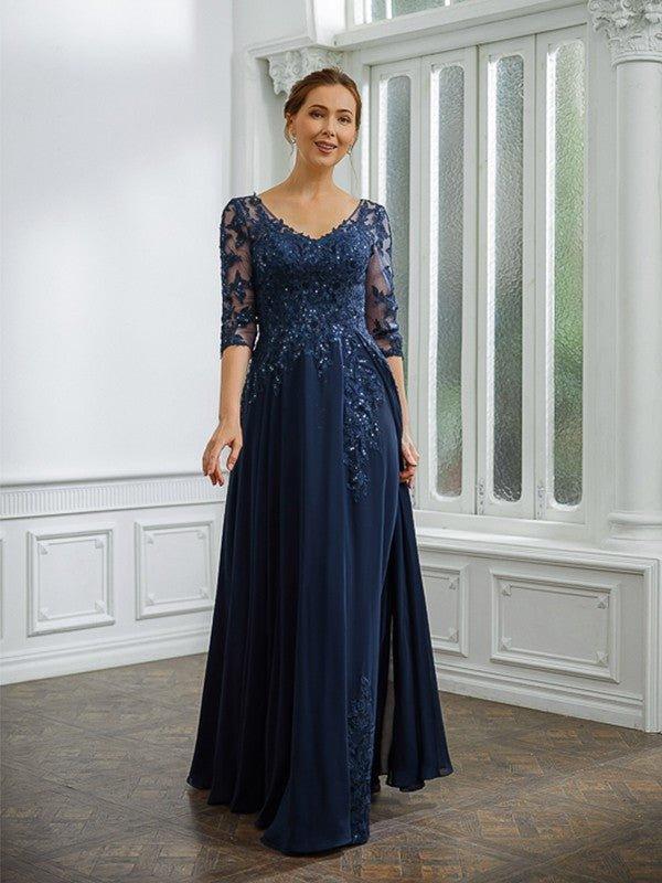 NumberSea-A-Line/Princess Chiffon Applique V-neck 3/4 Sleeves Floor-Length Mother of the Bride Dresses