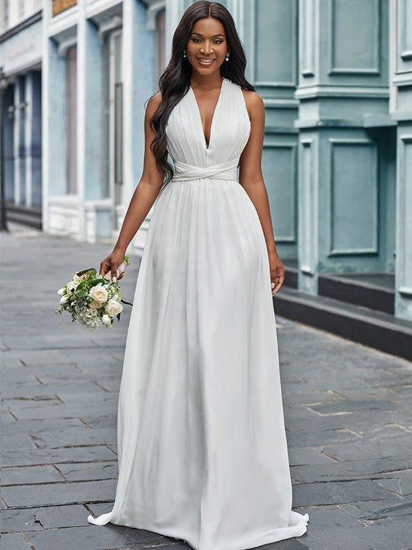NumberSea-A-Line/Princess Chiffon Halter Ruched Sleeveless Floor-Length Wedding Dresses