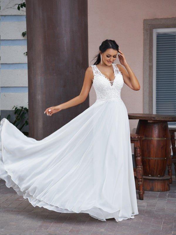 NumberSea-A-Line/Princess Chiffon Lace V-neck Sleeveless Floor-Length Wedding Dresses
