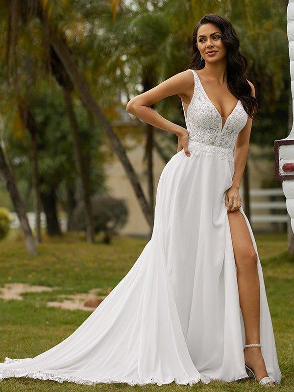 NumberSea-A-Line/Princess Chiffon Lace V-neck Sleeveless Sweep/Brush Train Wedding Dresses