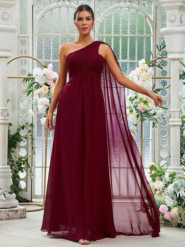 NumberSea-A-Line/Princess Chiffon Ruched One-Shoulder Sleeveless Floor-Length Bridesmaid Dresses