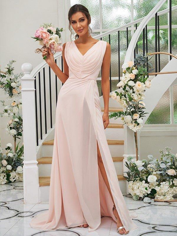 NumberSea-A-Line/Princess Chiffon Ruched V-neck Sleeveless Sweep/Brush Train Bridesmaid Dresses