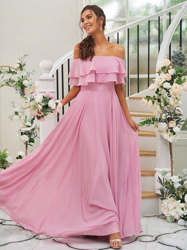 A-Line/Princess Chiffon Ruffles Off-the-Shoulder Sleeveless Floor-Length Bridesmaid Dresses, Black