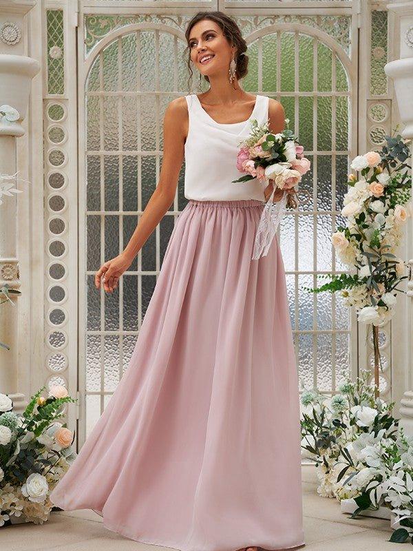 NumberSea-A-Line/Princess Chiffon Ruffles Scoop Sleeveless Floor-Length Two Piece Bridesmaid Dresses