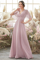 NumberSea - A - Line/Princess Chiffon Spaghetti Straps Short Sleeves Floor Length Natural Waist Bridesmaid Dresses