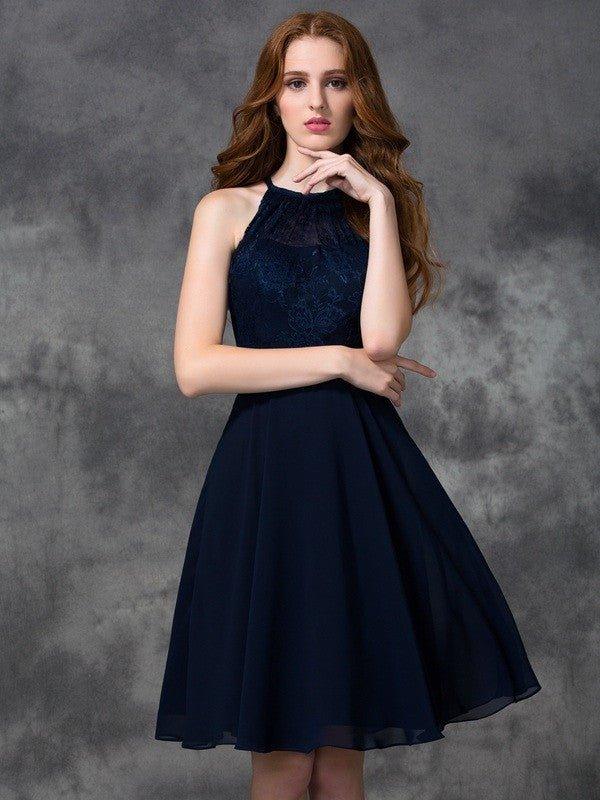 A-line/Princess Halter Lace Sleeveless Short Chiffon Bridesmaid Dresses US 2 / UK 6 / EU 32 A-line/Princess Halter Lace Sleeveless Short Chiffon Bridesmaid Dresses US 2 / UK 6 / EU 32