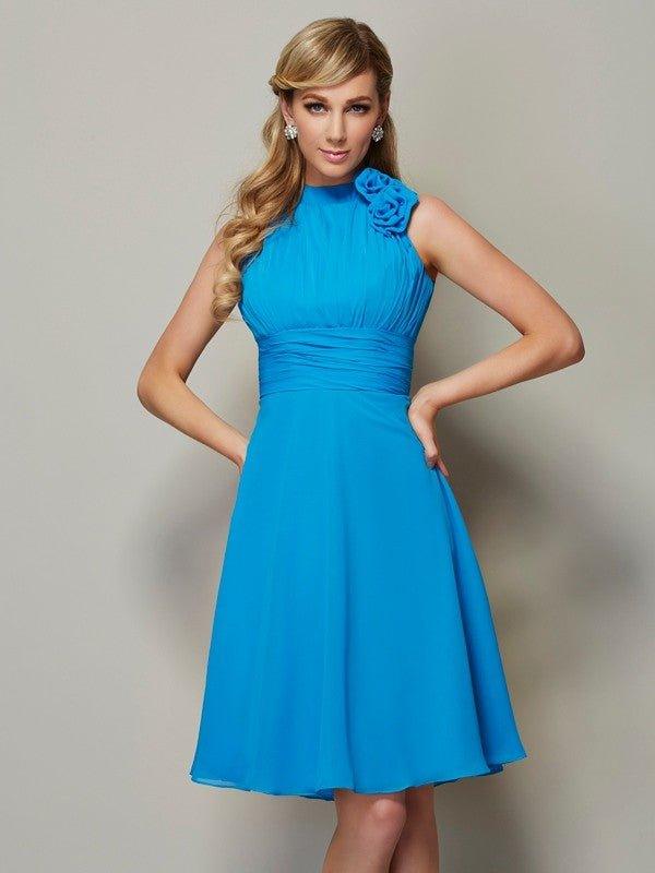 A-Line/Princess High Neck Sleeveless Pleats Short Chiffon Bridesmaid D