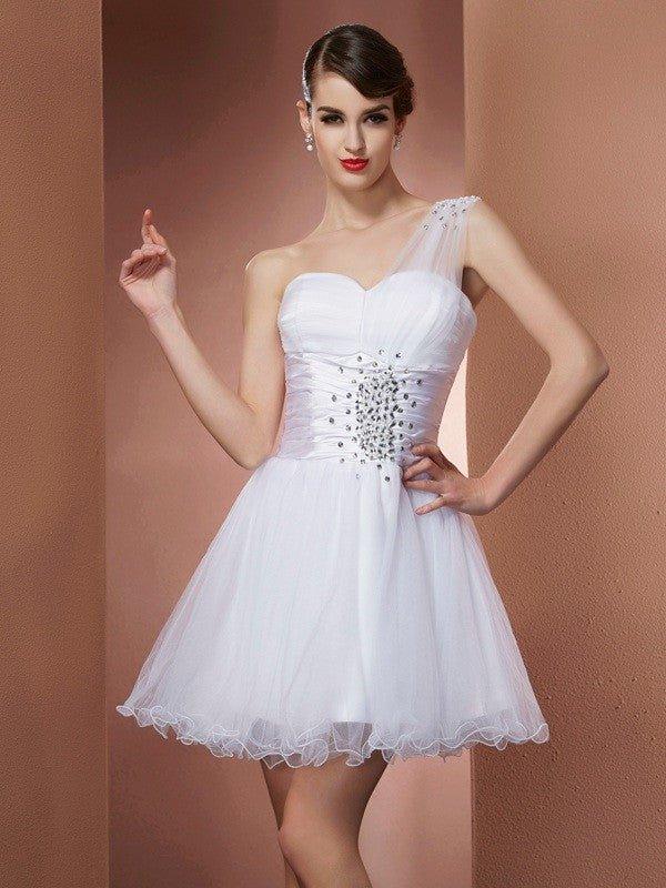 A-Line/Princess One-Shoulder Sleeveless Beading Short Net Homecoming Dresses, As Picture A-Line/Princess One-Shoulder Sleeveless Beading Short Net Homecoming Dresses, As Picture
