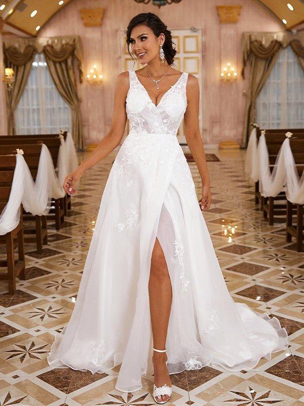 NumberSea-A-Line/Princess Organza Applique V-neck Sleeveless Sweep/Brush Train Wedding Dresses White / US 10 / UK 14 / EU 40 NumberSea-A-Line/Princess Organza Applique V-neck Sleeveless Sweep/Brush Train Wedding Dresses White / US 10 / UK 14 / EU 40