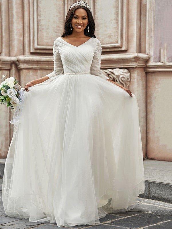 NumberSea-A-Line/Princess Ruched Sweetheart Tulle 3/4 Sleeves Sweep/Brush Train Wedding Dresses