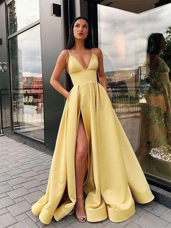 NumberSea-A-Line/Princess Ruffles Satin Spaghetti Straps Sleeveless Floor-Length Dresses
