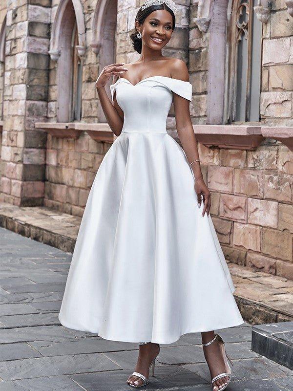 NumberSea-A-Line/Princess Satin Ruffles Off-the-Shoulder Sleeveless Ankle-Length Wedding Dresses