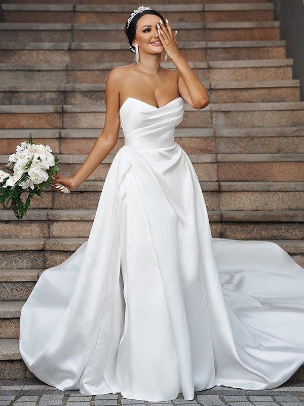 NumberSea-A-Line/Princess Satin Ruffles Sweetheart Sleeveless Chapel Train  Wedding Dresses