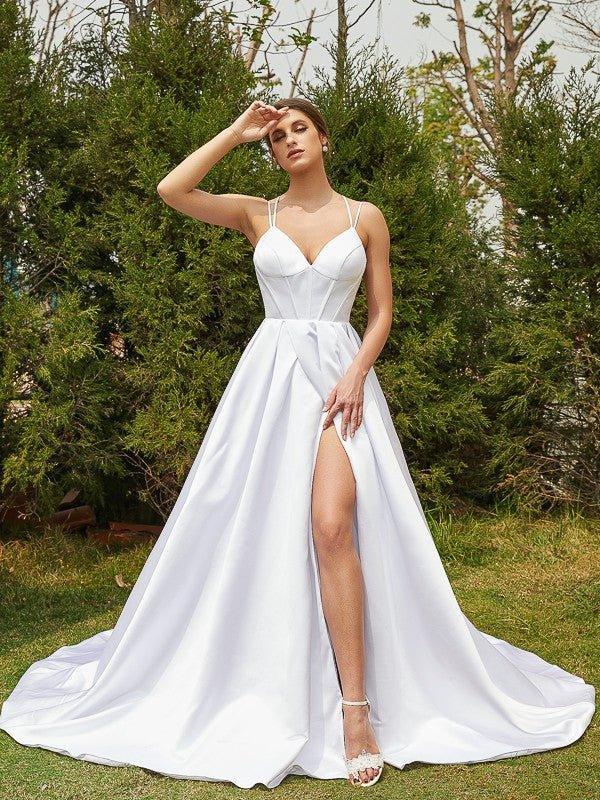 NumberSea-A-Line/Princess Satin Ruffles V-neck Sleeveless Court Train Wedding Dresses NumberSea-A-Line/Princess Satin Ruffles V-neck Sleeveless Court Train Wedding Dresses