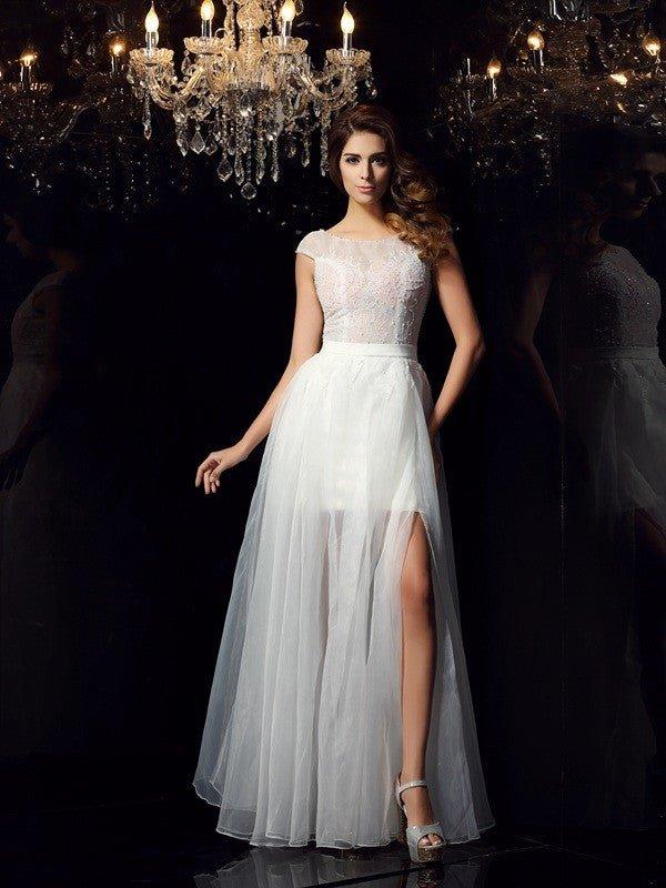 a line princess scoop dress Tulle Formal Wedding Dresses Women's Appliques Ball Gown Sheer Neck Long Sleeves Gorgeous Floor-Length Bridal Ball Gowns