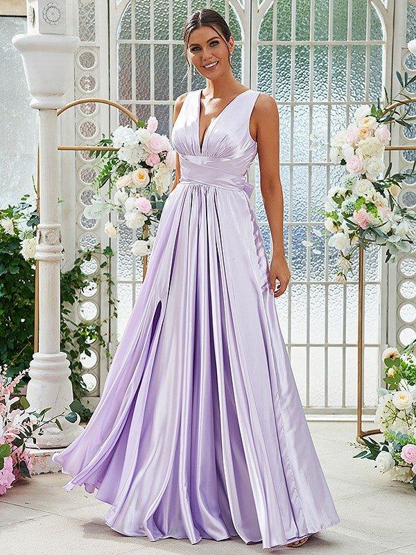NumberSea-A-Line/Princess Silk like Satin Ruffles V-neck Sleeveless Floor-Length Bridesmaid Dresses NumberSea-A-Line/Princess Silk like Satin Ruffles V-neck Sleeveless Floor-Length Bridesmaid Dresses