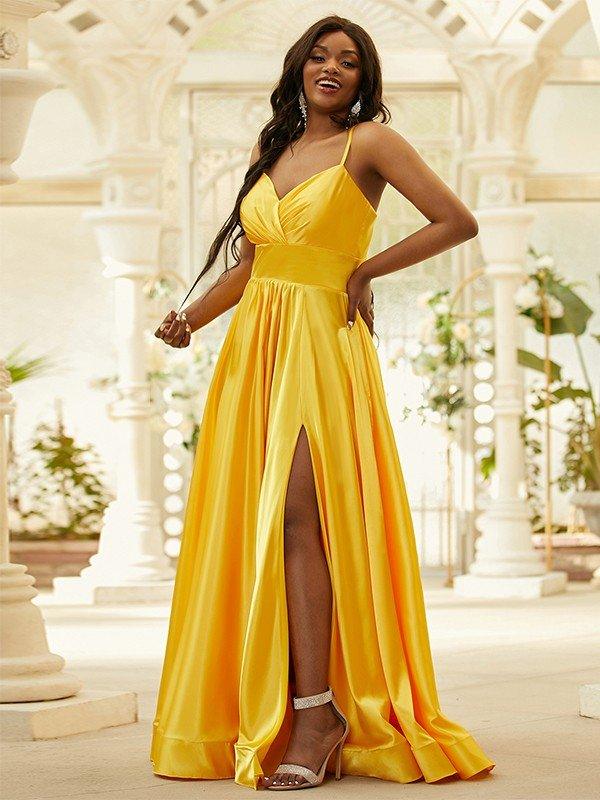 NumberSea-A-Line/Princess Silk like Satin Ruffles V-neck Sleeveless Floor-Length  Dresses
