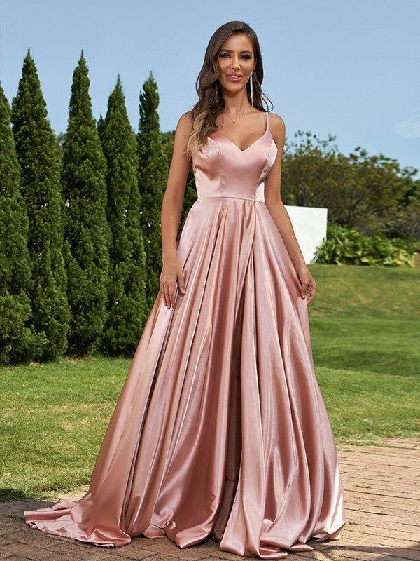 NumberSea-A-Line/Princess Silk like Satin Ruffles V-Neck Sleeveless Sweep/Brush Train Bridesmaid Dresses NumberSea-A-Line/Princess Silk like Satin Ruffles V-Neck Sleeveless Sweep/Brush Train Bridesmaid Dresses