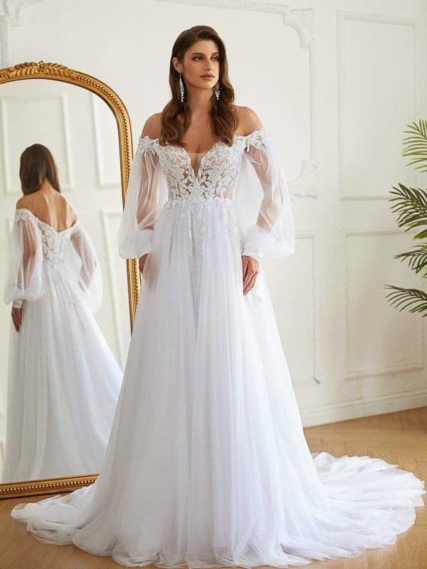 NumberSea-A-Line/Princess Tulle Applique Off-the-Shoulder Long Sleeves Chapel Train Wedding Dresses