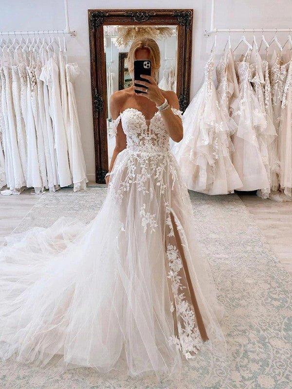 NumberSea-A-Line/Princess Tulle Applique Off-the-Shoulder Sleeveless Chapel Train Wedding Dresses