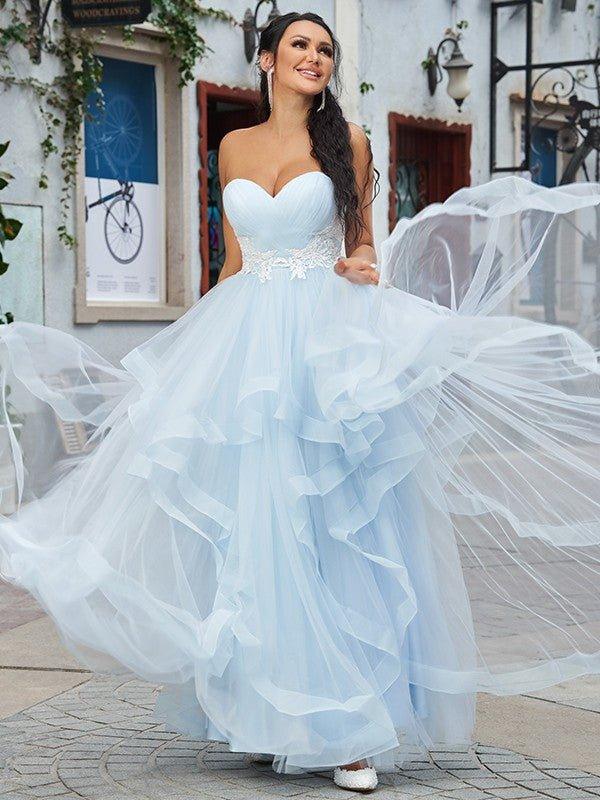 NumberSea-A-Line/Princess Tulle Applique Sweetheart Sleeveless Floor-Length Dresses