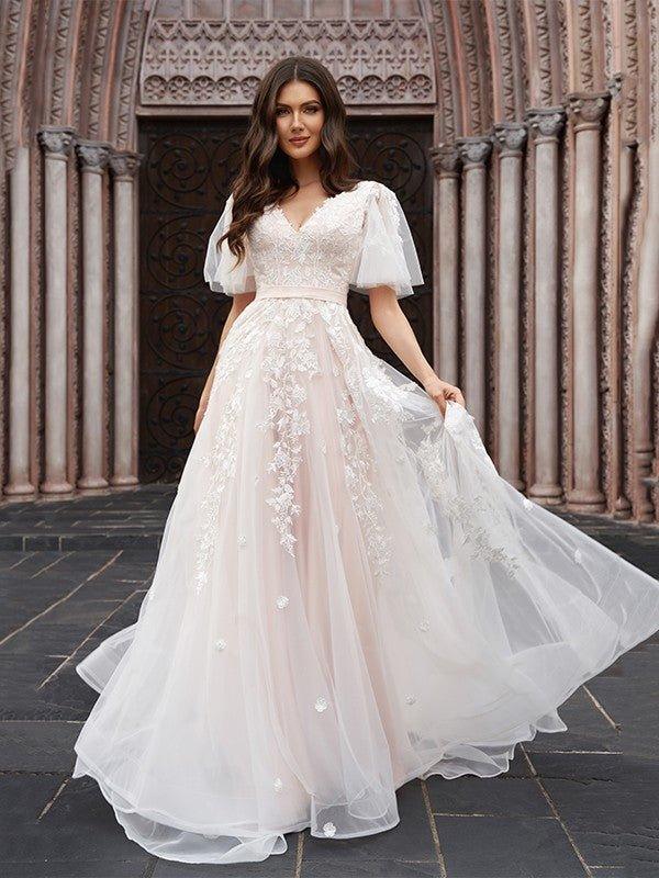 NumberSea-A-Line/Princess Tulle Applique V-neck 1/2 Sleeves Court Train Wedding Dresses NumberSea-A-Line/Princess Tulle Applique V-neck 1/2 Sleeves Court Train Wedding Dresses